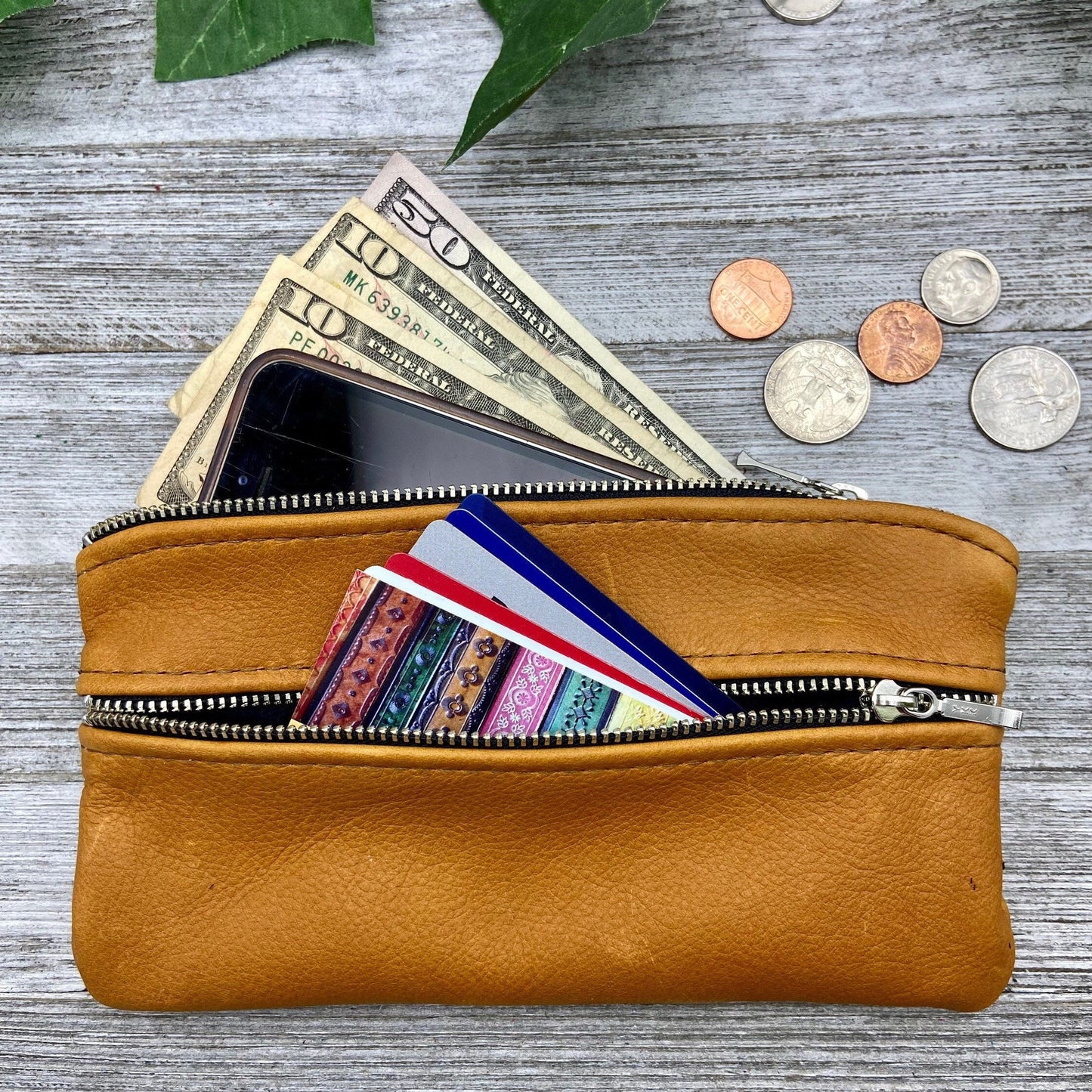 Large Floral Leather Double Zipper Pouch (8” zipper)