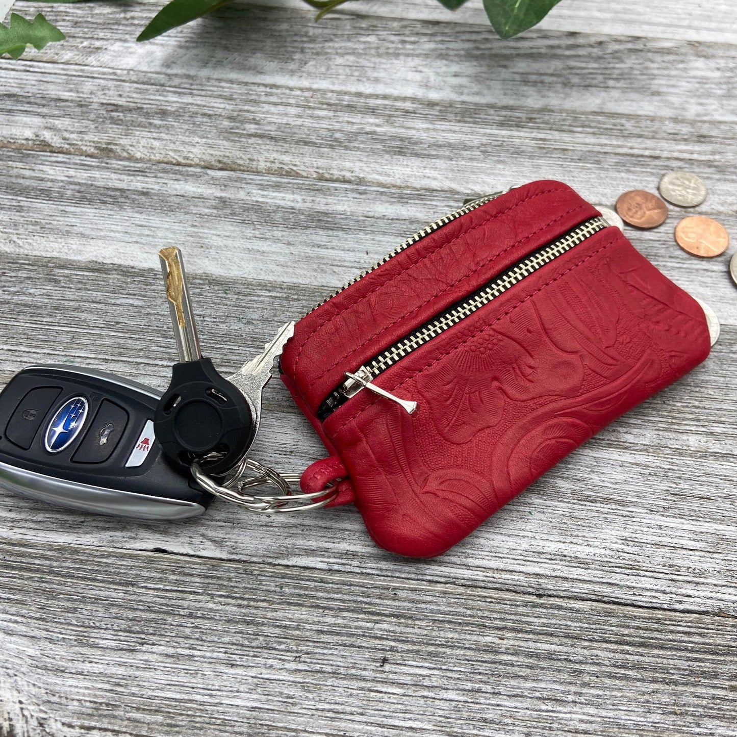 Small Leather Double Zipper Pouch w/ Key Ring (4.8" zipper)