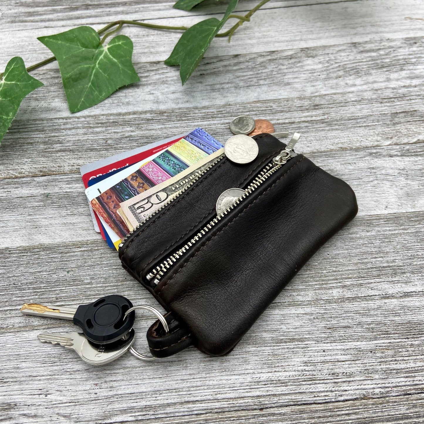 Small Leather Double Zipper Pouch w/ Key Ring (4.8" zipper)