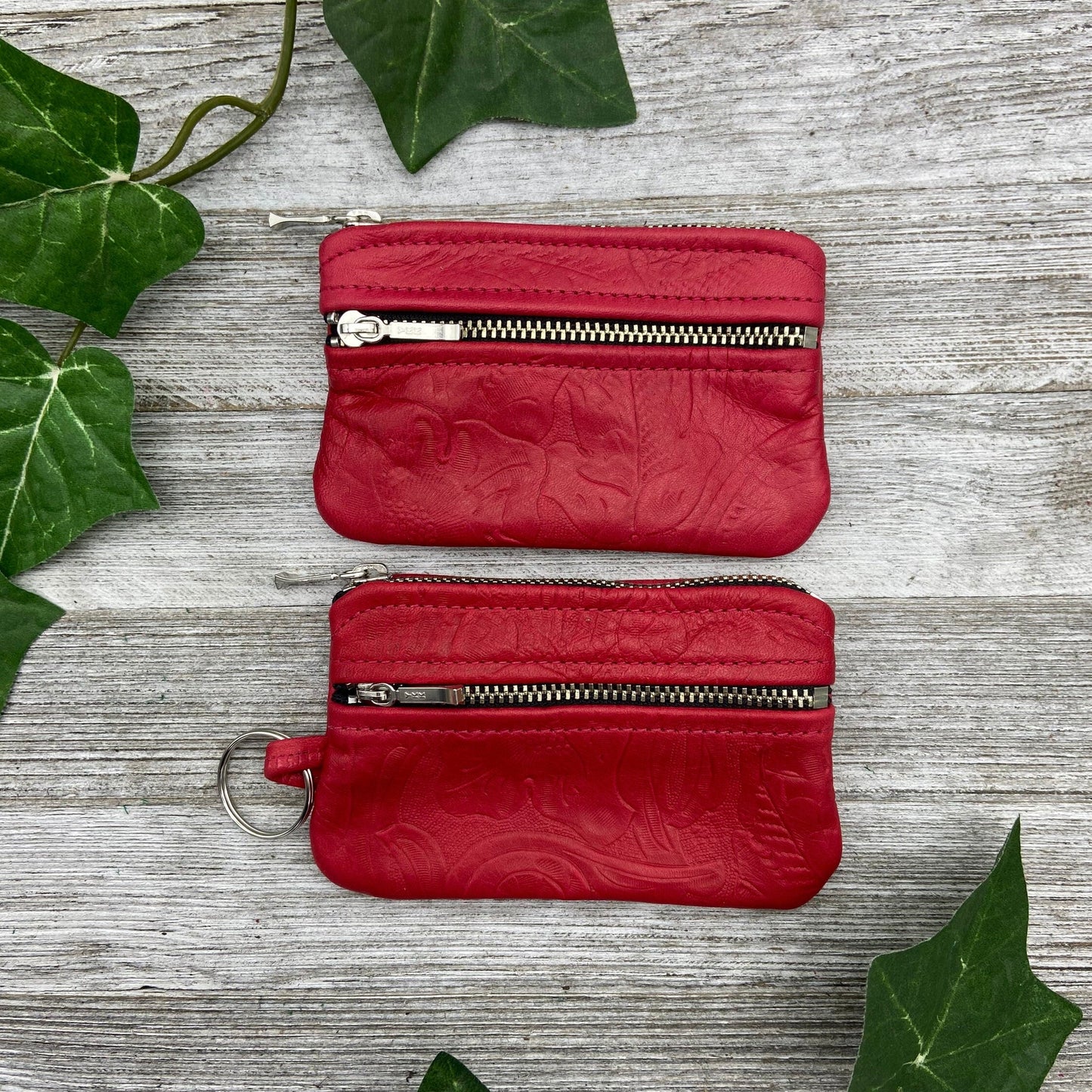 Small Leather Double Zipper Pouch w/ Key Ring (4.8" zipper)
