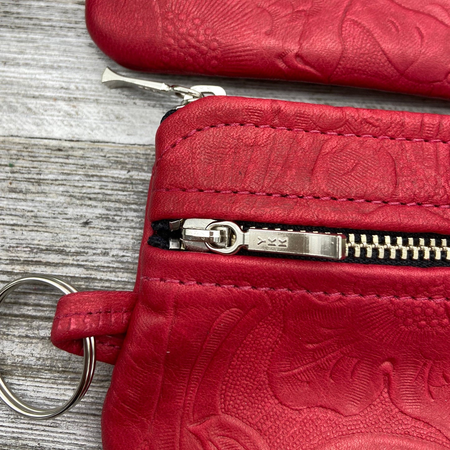 Small Leather Double Zipper Pouch w/ Key Ring (4.8" zipper)