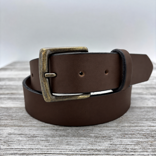 American Bridle Leather Belt – Dark Brown – 1-1/2" – Antique Brass Buckle | Handmade in USA