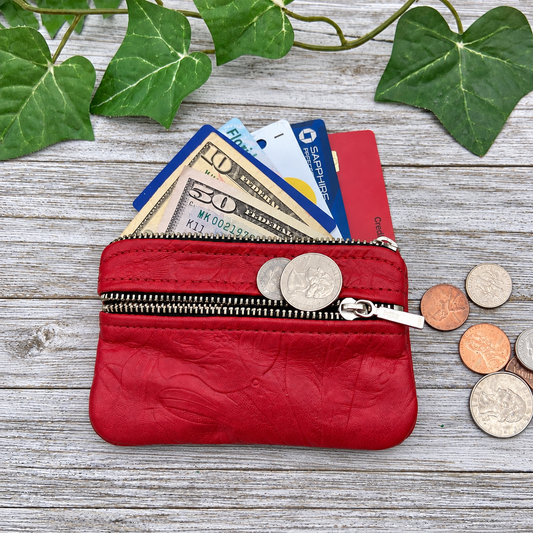 Leather Small Floral Double Zipper Pouch (4.8" zipper)