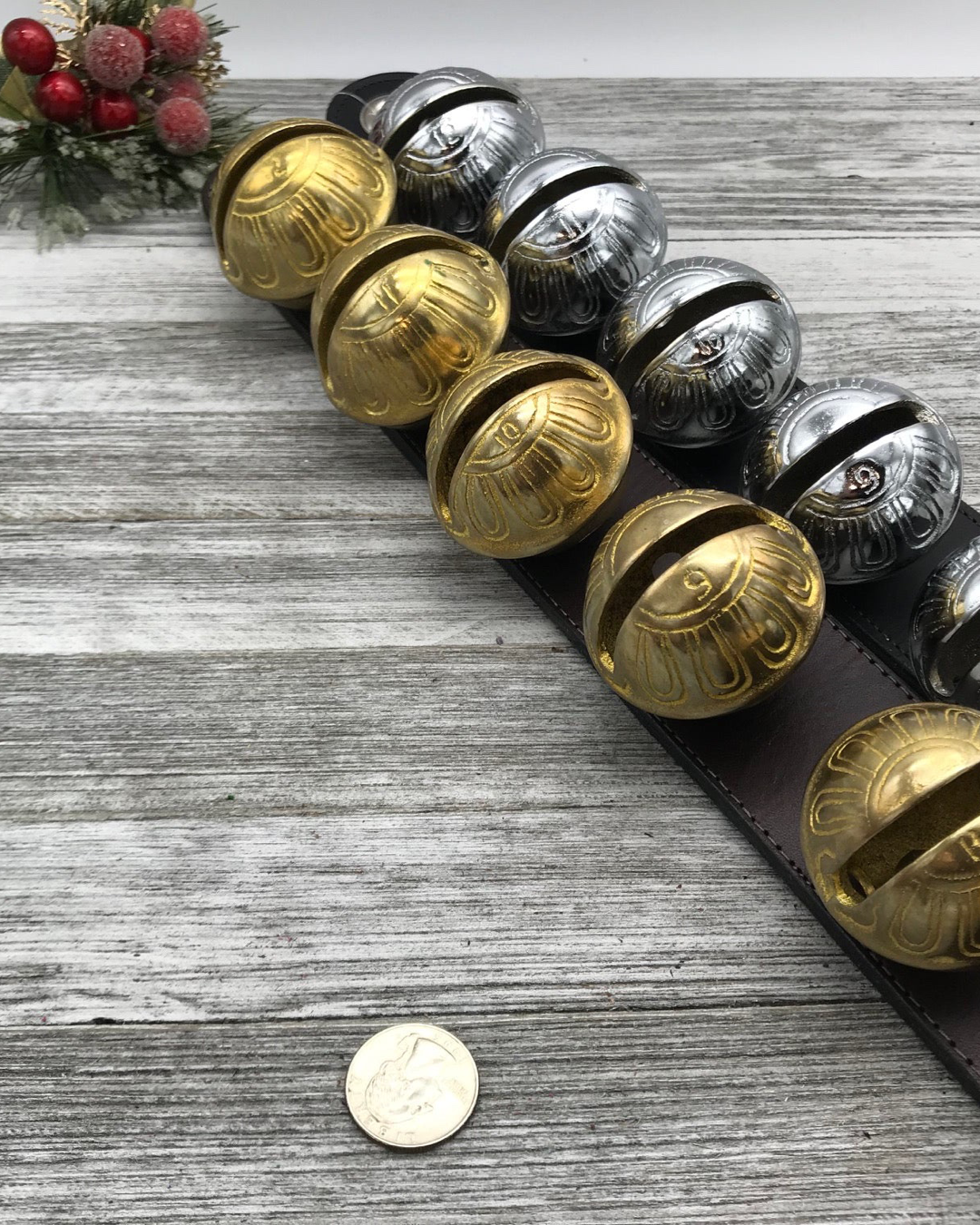 6 Authentic Solid Brass Sleigh Bells, Handmade Leather Sleigh Bells Set, Made In USA