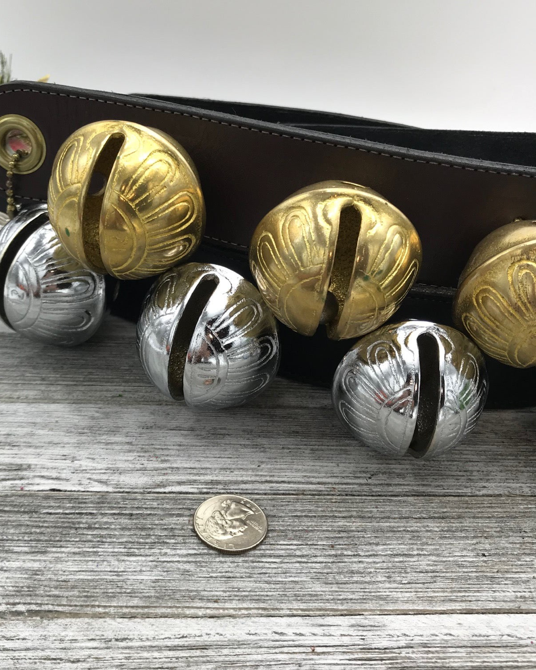 12 Authentic Graduating Solid Brass Sleigh Bells, Leather Sleigh Bells Set, Handmade In USA.