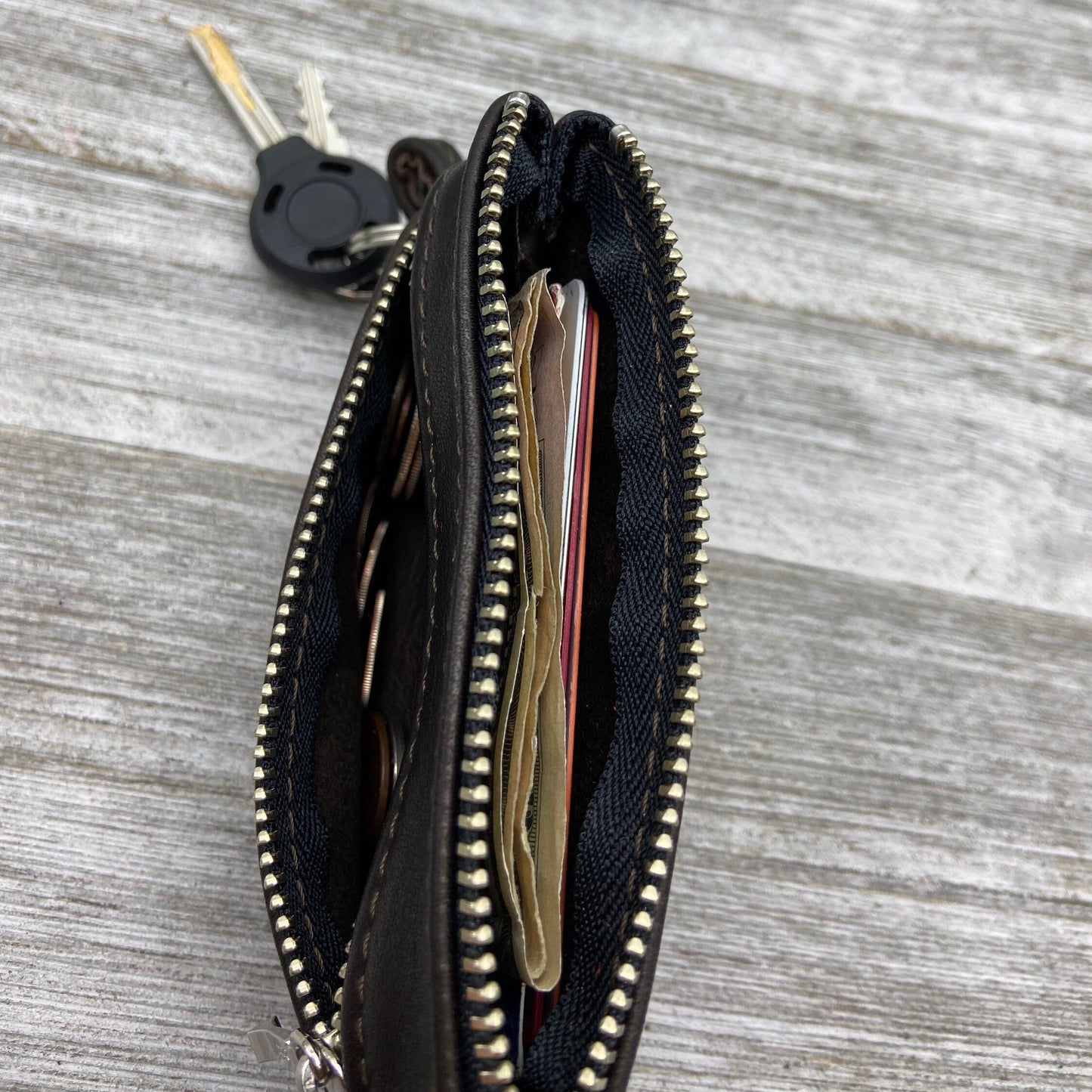 Small Leather Double Zipper Pouch w/ Key Ring (4.8" zipper)
